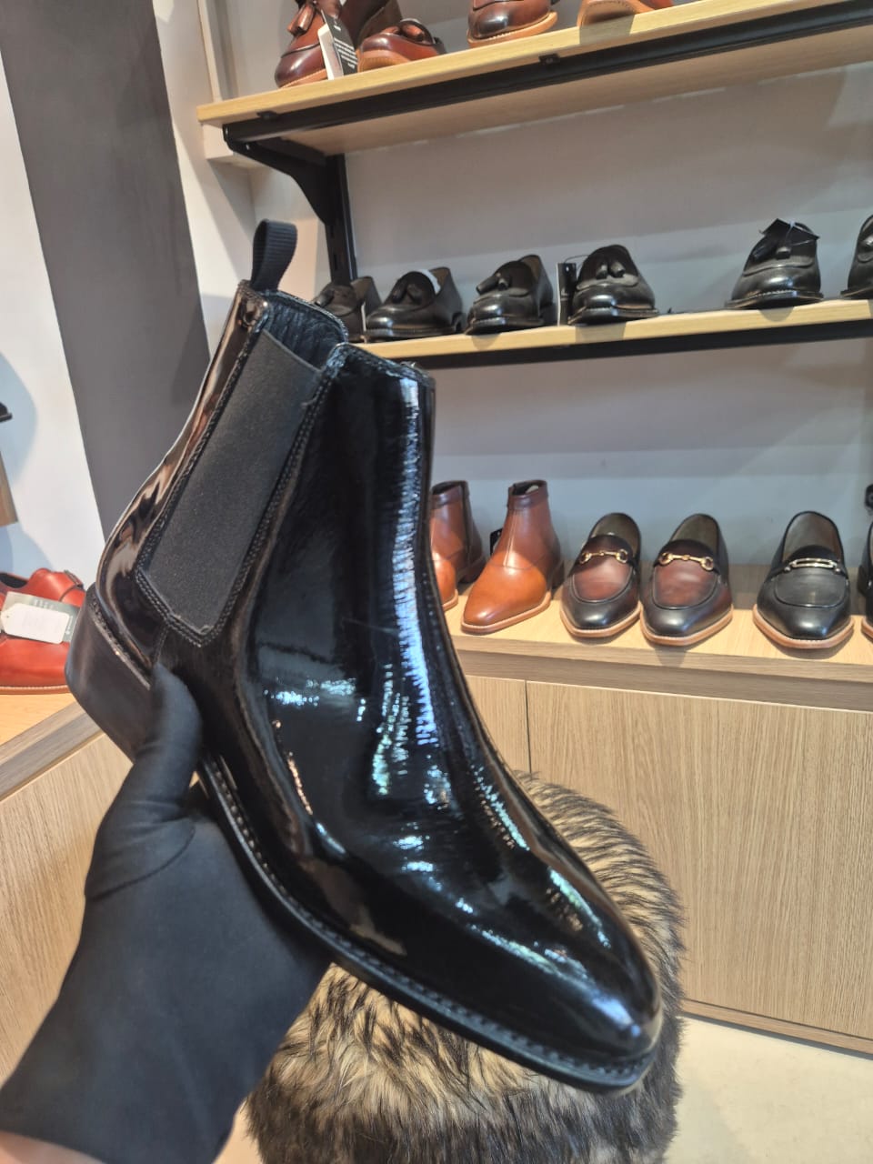 Black Crown Patent Gloss Chelsea Boots - MERAKINO